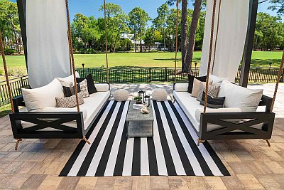 Two Maggie Black SwingBeds with Black and Stripe Farmhouse Style Outdoor Rug